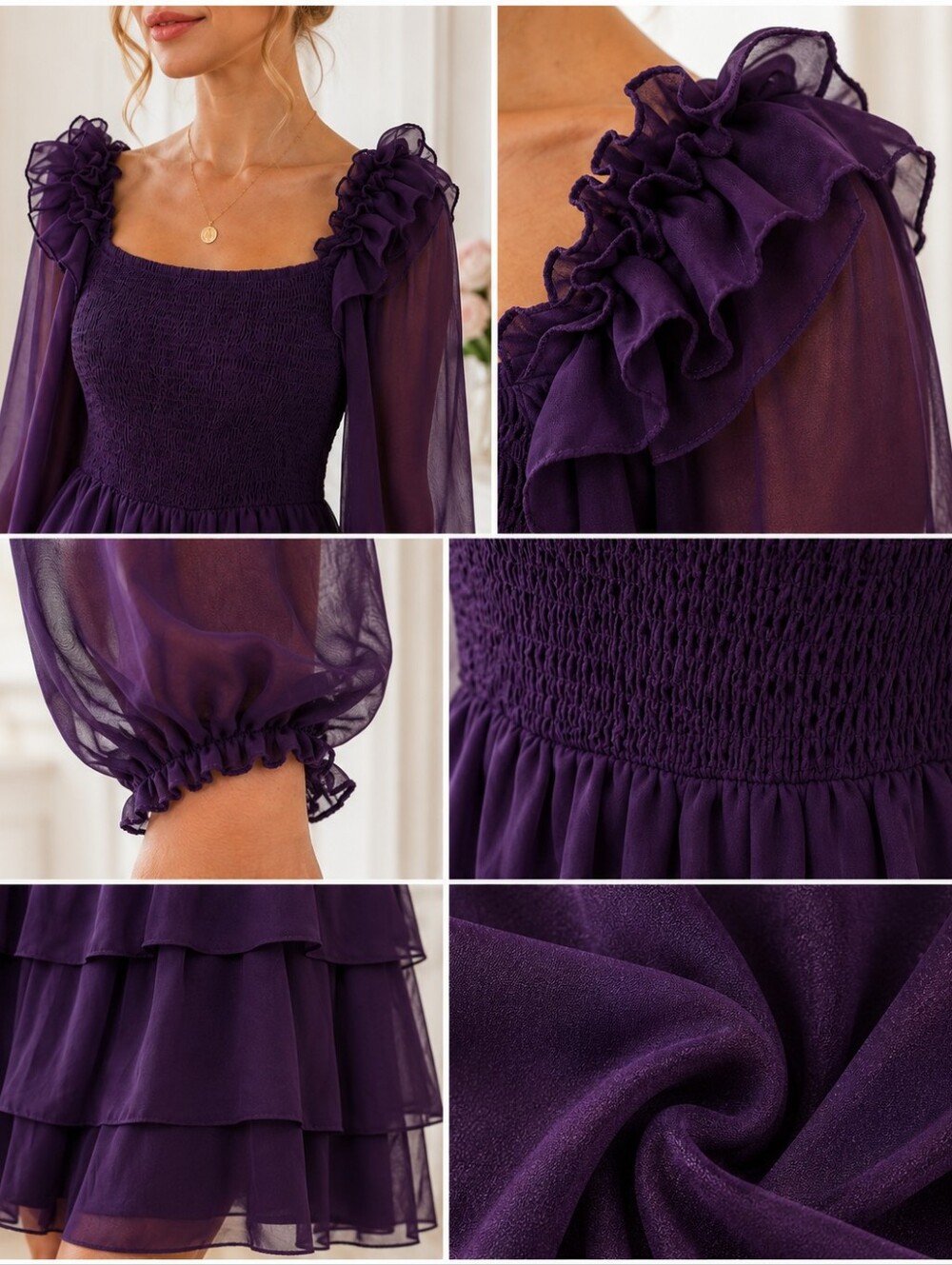 Byinns Plum Purple Tiered Chiffon Ruffle Mini Dress Small Romantic - Picture 3 of 11